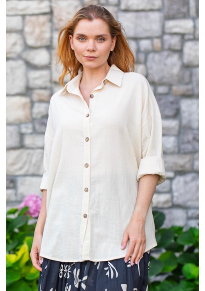 Uzun Kol Hale Şile Bezi Yazlık Gömlek Krem Krm
