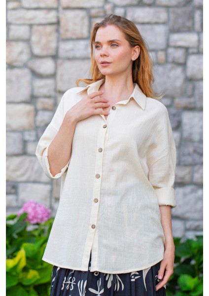 Uzun Kol Hale Şile Bezi Yazlık Gömlek Krem Krm modelleri