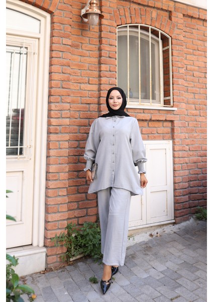 Kadın Gri Sofya Keten Pantolonlu Ikili modelleri