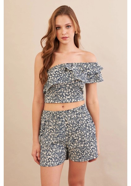 Kadın Ekru-Mavi Desenli Crop Şort Takım EV100 fiyatları