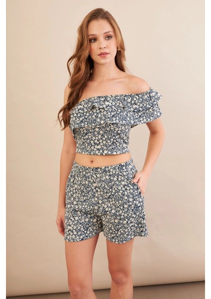 Kadın Ekru-Mavi Desenli Crop Şort Takım EV100 modelleri