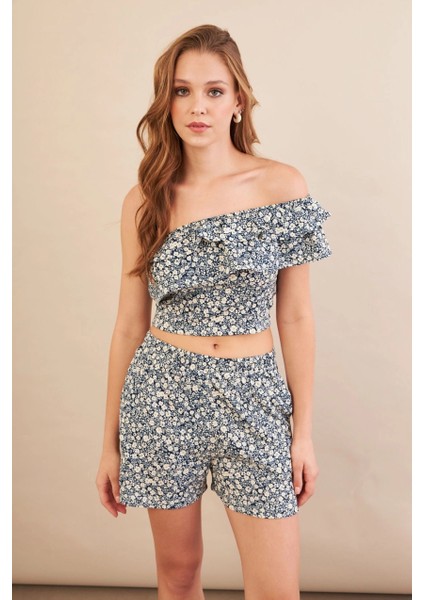 Kadın Ekru-Mavi Desenli Crop Şort Takım EV100 indirimleri
