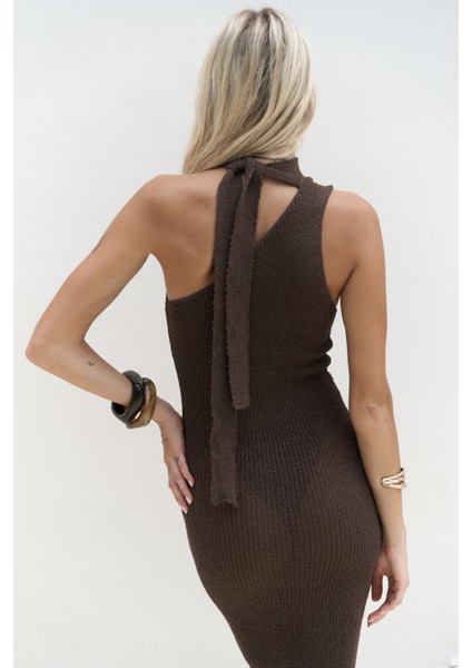 Kamalas Asimetrik Triko Kahve Uzun Elbise