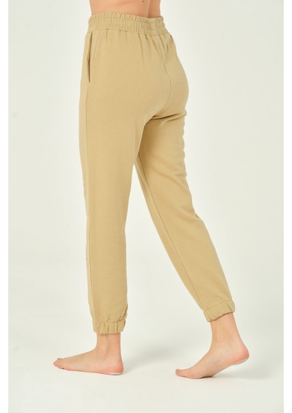 Kadın Beli ve Paçası Lastikli Yüksek Bel Basic Jogger Pamuklu Eşofman Altı fırsatları