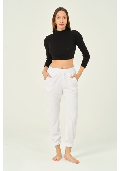Kadın Beli ve Paçası Lastikli Yüksek Bel Basic Jogger Pamuklu Eşofman Altı