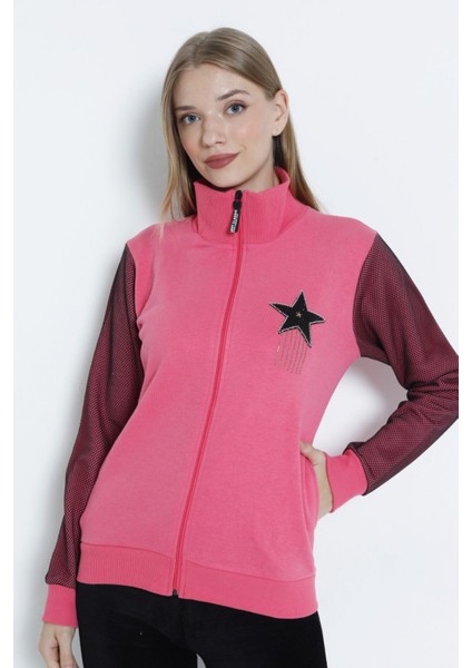 Kadın Uzun Kollu Fermuarlı Taş Detaylı Hırka