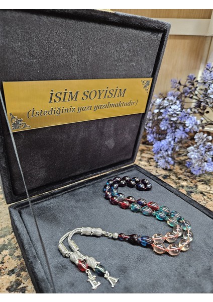 Ateş Kehribar Tesbih, Harfli Kişiye Özel Kadife Kutulu , Sıkma Kehribar ,tespih Gümüş Kaplama,bonibon