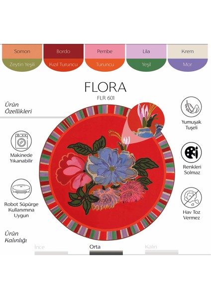 Flora Kırmızı Renkli Çiçekli Makinede Yıkanabilir Yumuşak Doku Retro Vintage Yuvarlak Dekoratif Halı fiyatları