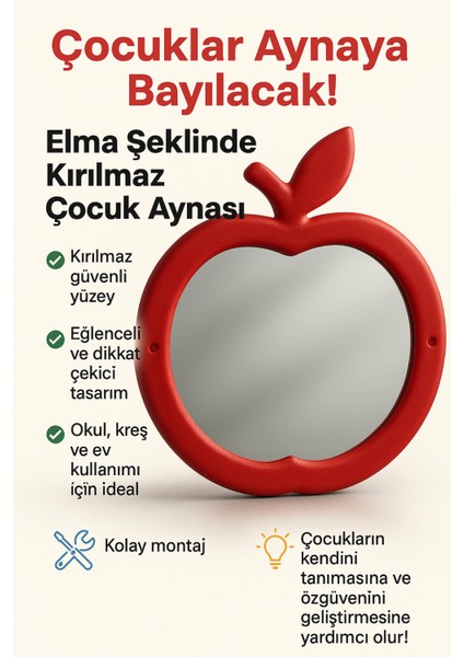 Elma Figürlü Anaokulu- Kreş Ve Tüm Okullar Için Lavabo Aynası (yükseklik:73 Cm- En:62 Cm ) Kırmızı fiyatları