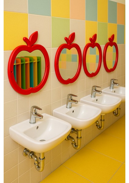 Elma Figürlü Anaokulu- Kreş Ve Tüm Okullar Için Lavabo Aynası (yükseklik:73 Cm- En:62 Cm ) Kırmızı modelleri
