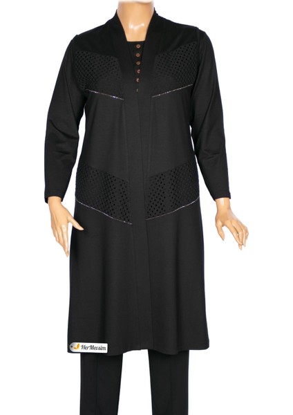 Hesna Kadın Özge Büyük Beden Verev File Kombinli Diz Boyu Siyah Yelek