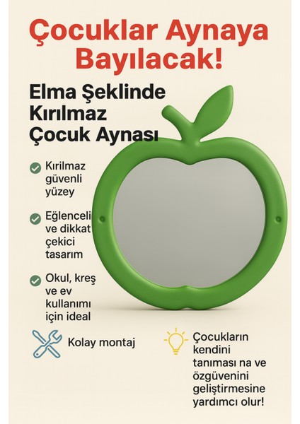 Elma Şeklinde Kırılmaz Çocuk Aynası | Yeşil Renk | 73x62 cm | Anaokulu Kreş Uyumlu | Duvara Monte fiyatları