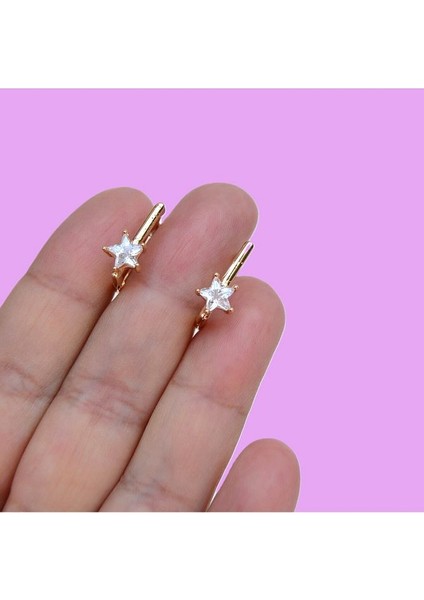 Yıldız Taşlı Kare Küpe Halka Küpe Tektaş Yıldız Detaylı 14 mm