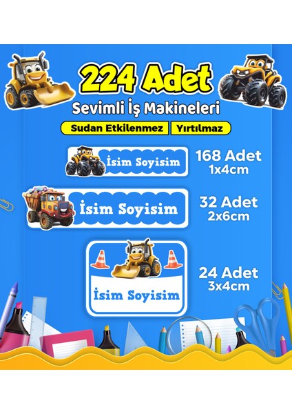 Iş Makineleri Temalı Okul Kreş Kişiye Özel Isim Etiket Seti - Model 550