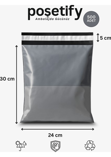 Gri Cepli Kargo Poşeti 24X30+5 cm 500 Adet E-Ticaret Poşeti | Yapışkan Bantlı Gönderi Zarfı
