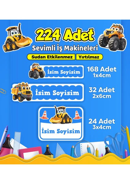 Iş Makineleri Temalı Okul Kreş Kişiye Özel Isim Etiket Seti - Model 552