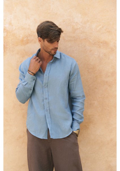 Agnola Oversize Erkek Mavi Keten Gömlek