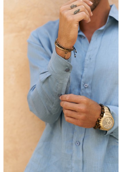 Agnola Oversize Erkek Mavi Keten Gömlek