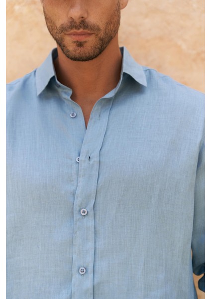 Agnola Oversize Erkek Mavi Keten Gömlek