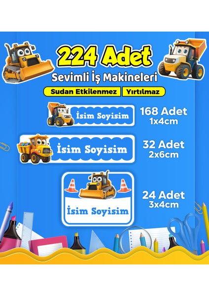 Iş Makineleri Temalı Okul Kreş Kişiye Özel Isim Etiket Seti - Model 556