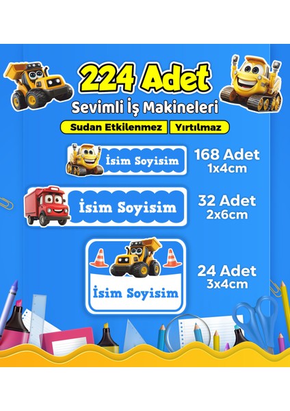 Iş Makineleri Temalı Okul Kreş Kişiye Özel Isim Etiket Seti - Model 557