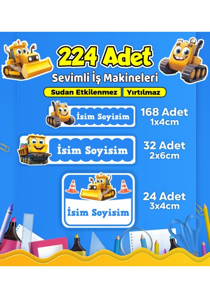 Iş Makineleri Temalı Okul Kreş Kişiye Özel Isim Etiket Seti - Model 558