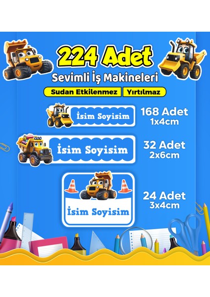 Iş Makineleri Temalı Okul Kreş Kişiye Özel Isim Etiket Seti - Model 554