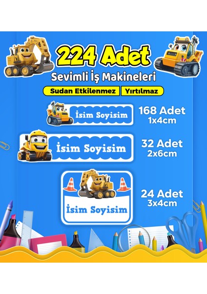 Iş Makineleri Temalı Okul Kreş Kişiye Özel Isim Etiket Seti - Model 559