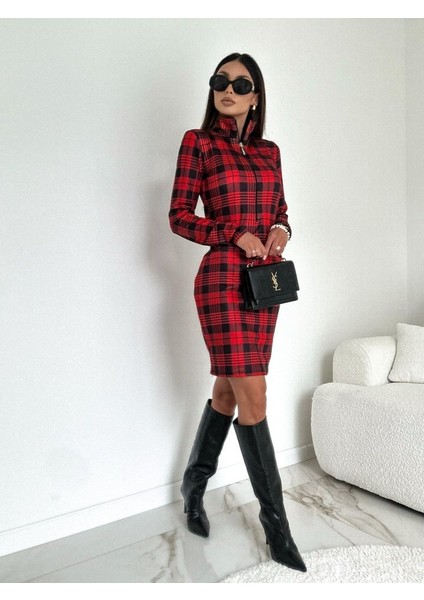 Ipeksi Kadın Uzun Kollu Fermuarlı Ekose Baskılı Dalgıç Elbise