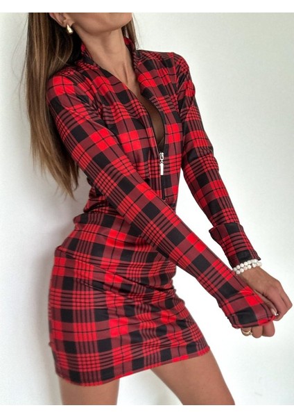 Ipeksi Kadın Uzun Kollu Fermuarlı Ekose Baskılı Dalgıç Elbise