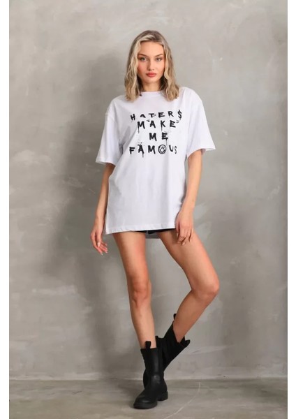 Ipeksi Unisex Baskılı Oversize T-Shirt - Beyaz