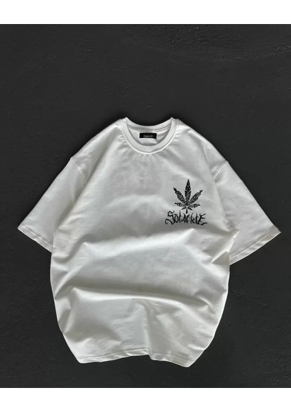 Ipeksi Unisex Bisiklet Yaka Baskılı Oversize T-Shirt - Beyaz