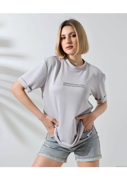 Ipeksi Unisex Bisiklet Yaka Baskılı Slim Fit T-Shirt - Boyalı Gri