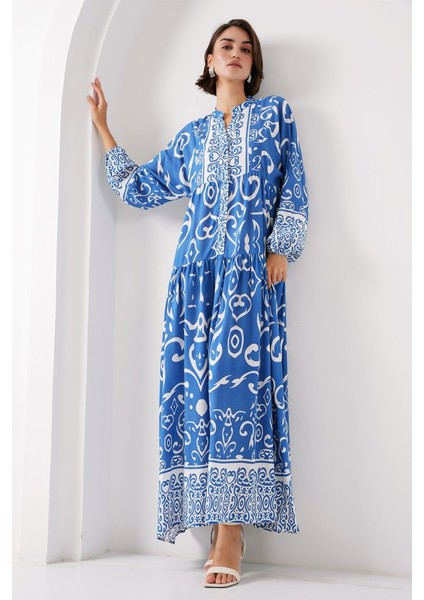 2423 Otantik Desenli Tesettür Elbise - B. Indigo fiyatları