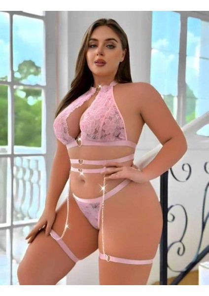 Büyük Beden Pembe Dantel Işlemeli Zincir Detaylı Jartiyer Takımı