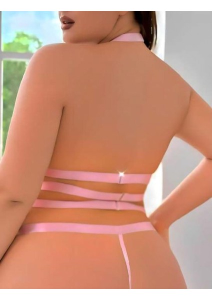 Büyük Beden Pembe Dantel Işlemeli Zincir Detaylı Jartiyer Takımı fiyatları