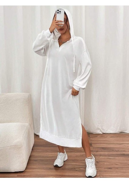 Ipeksi Kadın Uzun Kollu Kapüşonlu Yakası Açık Modal Elbise