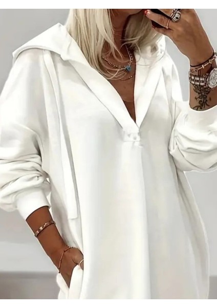 Ipeksi Kadın Uzun Kollu Kapüşonlu Yakası Açık Modal Elbise