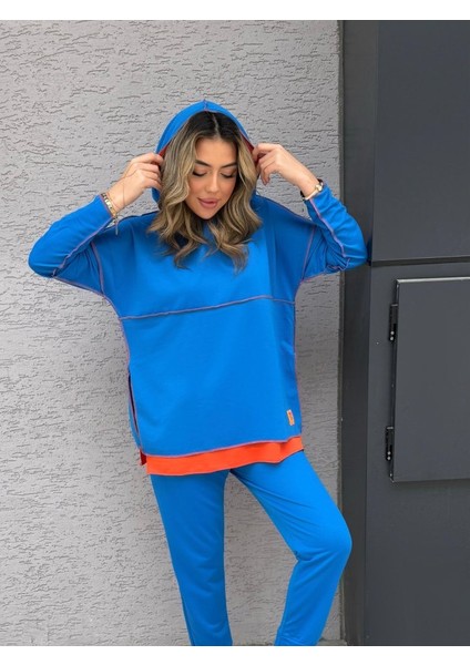 Ipeksi Kadın Indigo Kapşonlu Etek Ucu Detay Arma Ters Dikiş Gorunumlu Ikili Takım