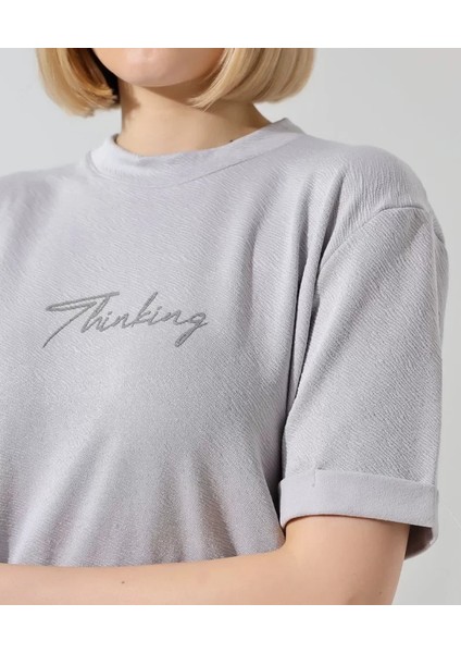 Ipeksi Unisex Bisiklet Yaka Baskılı Slim Fit T-Shirt - Boyalı Gri