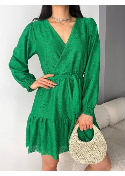 Ipeksi Kadın Fırsat Ürünü Kruvaze Yaka Güpürlü Mini Elbise