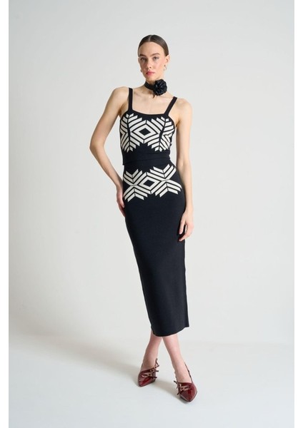 Ipeksi Jakarlı Ince Askılıtriko Takım - Siyah-Beyaz Kayısı