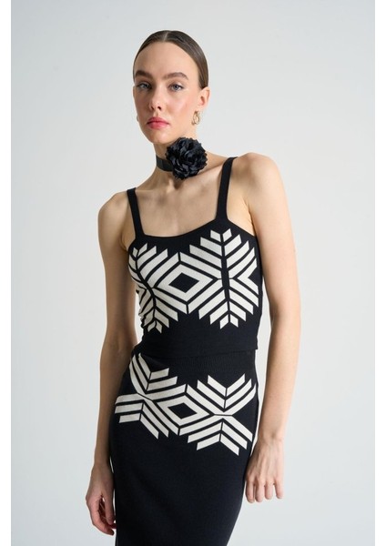 Ipeksi Jakarlı Ince Askılıtriko Takım - Siyah-Beyaz Kayısı