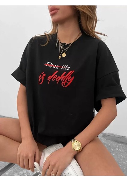 Ipeksi Unisex Bisiklet Yaka Baskılı Oversize T-Shirt - Siyah