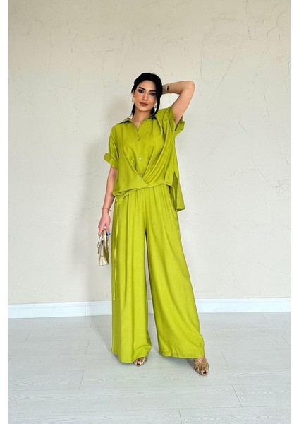 Ipeksi Yağ Yeşili Önü Pileli Ikili Keten Takım modelleri