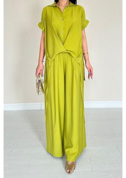 Ipeksi Yağ Yeşili Önü Pileli Ikili Keten Takım fırsatları