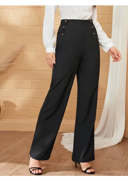 Ipeksi Kadın Düğme Detay Bol Paça Ithal Krep Pantolon