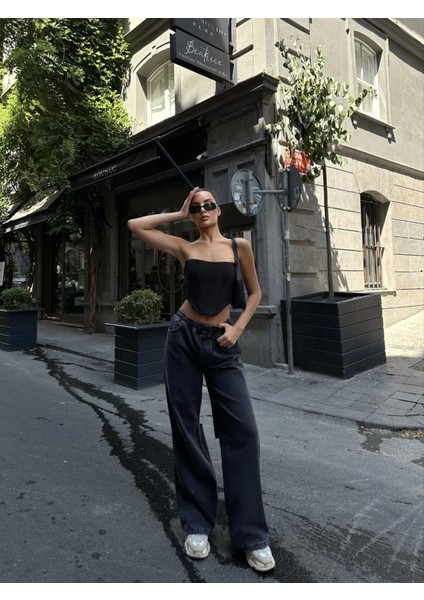Ipeksi Arkadan Yırtmaçlı Jeans Kot Palazzo Pantolon - Siyah