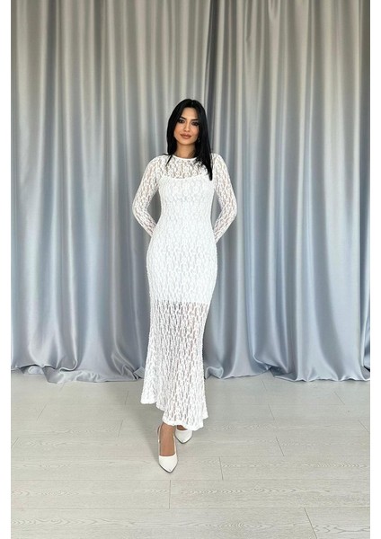 Ipeksi Beyaz Dantelli Uzun Kollu Elbise fiyatları