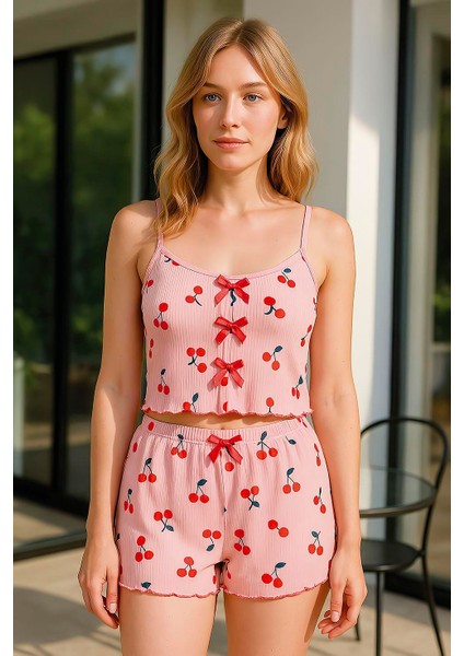 Aria's Closet Pembe Kiraz Desenli Kurdelalı Askılı Şortlu Pijama Takımı